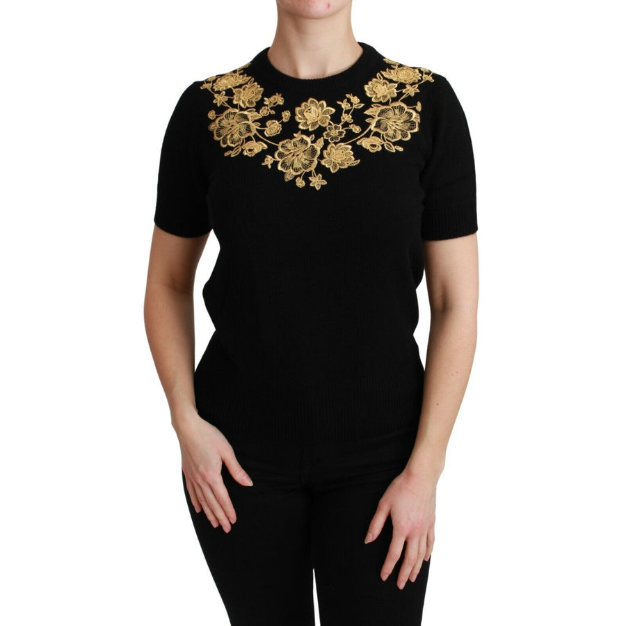 Dolce & Gabbana Black Cashmere Gold Floral Sweater Top - Paris Deluxe