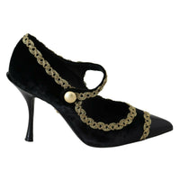 Dolce & Gabbana Black Embellished Velvet Mary Jane Pumps Shoes - Paris Deluxe