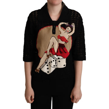 Dolce & Gabbana Black Embroidered Knitted Cotton Sweater - Paris Deluxe