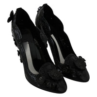 Dolce & Gabbana Black Floral Crystal CINDERELLA Heels Shoes - Paris Deluxe