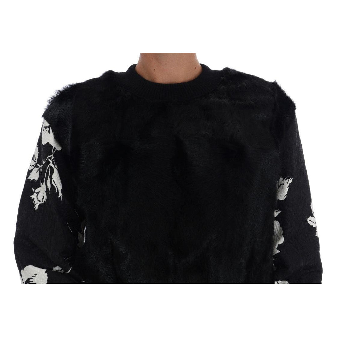 Dolce & Gabbana Black Fur Floral Brocade Zipper Sweater - Paris Deluxe