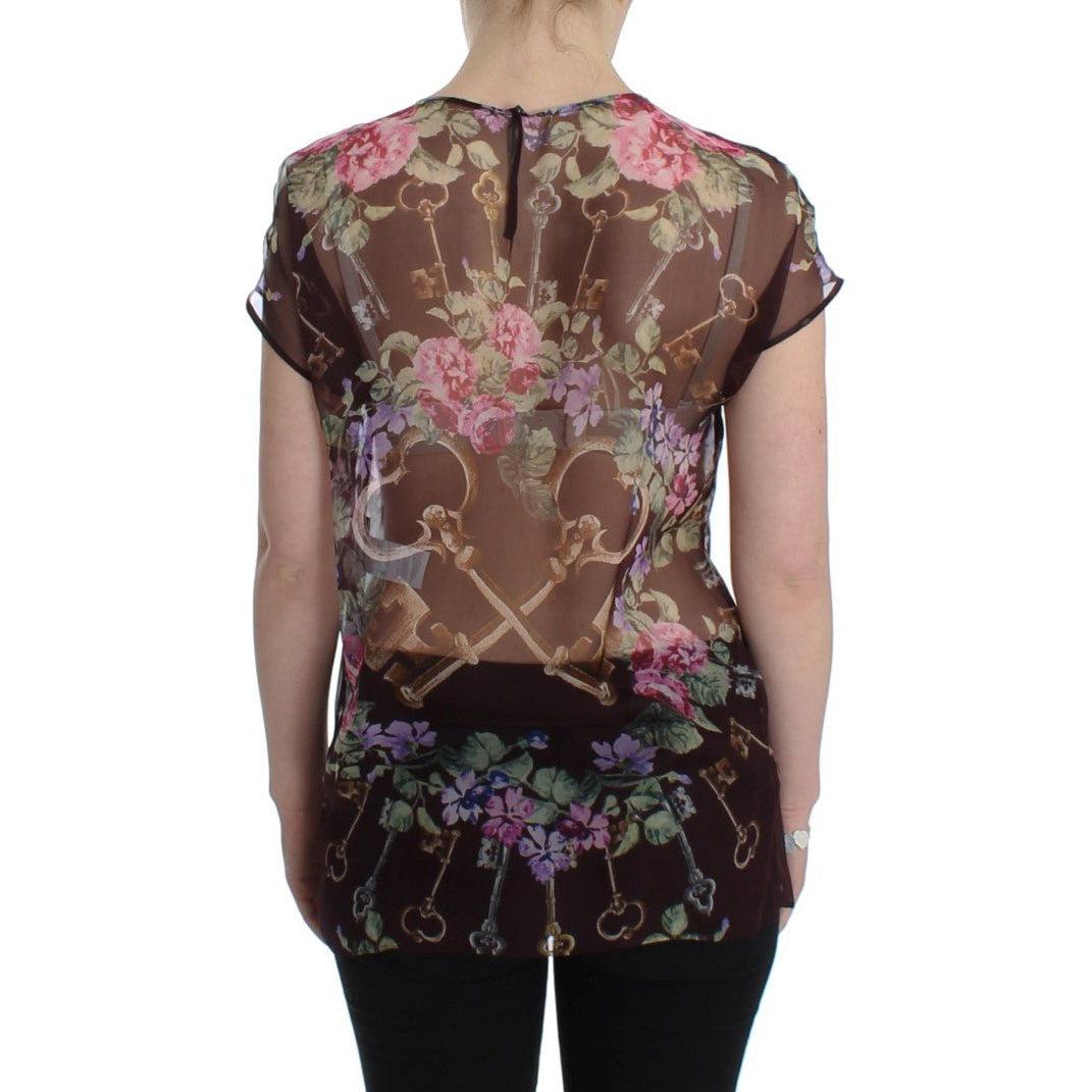 Dolce & Gabbana Black Key Floral Print Silk Blouse T-shirt - Paris Deluxe