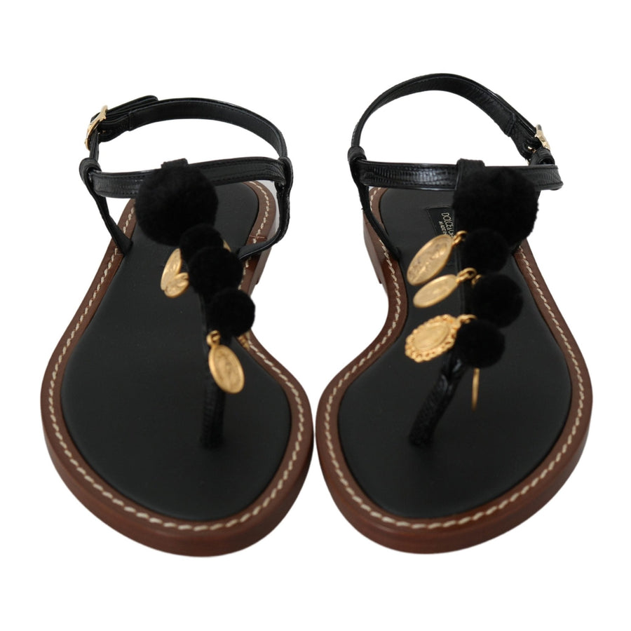 Dolce & Gabbana Black Leather Coins Flip Flops Sandals Shoes - Paris Deluxe