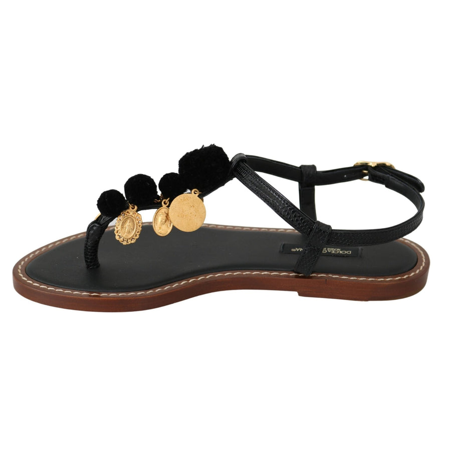 Dolce & Gabbana Black Leather Coins Flip Flops Sandals Shoes - Paris Deluxe