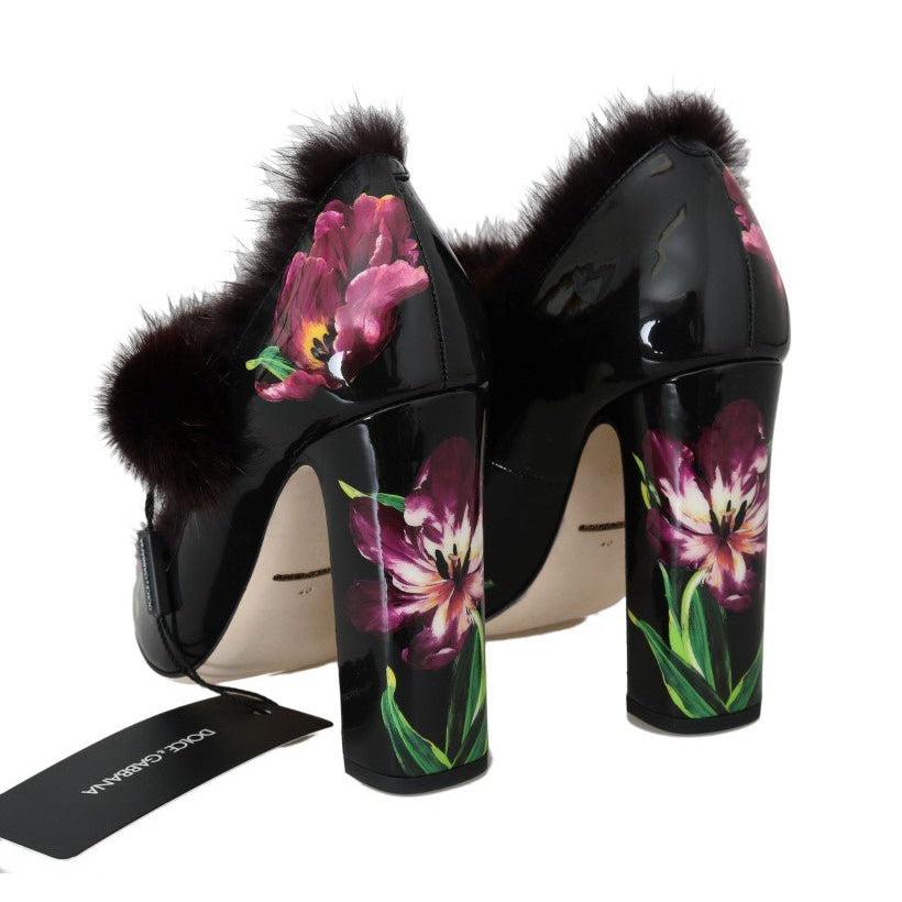 Dolce & Gabbana Black Leather Purple Tulip Mink Fur Pumps - Paris Deluxe
