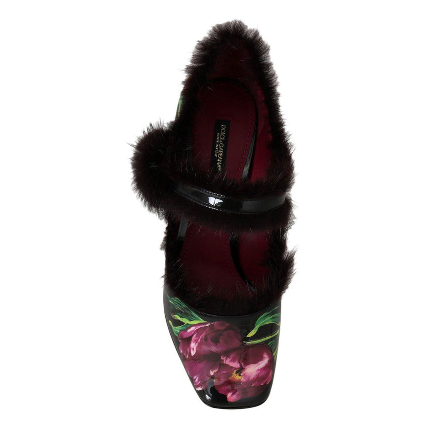 Dolce & Gabbana Black Leather Purple Tulip Mink Fur Pumps - Paris Deluxe