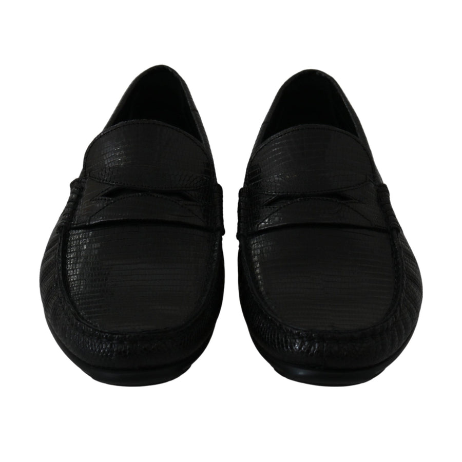 Dolce & Gabbana Black Lizard Leather Flat Loafers Shoes - Paris Deluxe