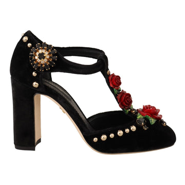 Dolce & Gabbana Black Mary Jane Pumps Roses Crystals Shoes - Paris Deluxe