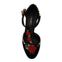 Dolce & Gabbana Black Mary Jane Pumps Roses Crystals Shoes - Paris Deluxe