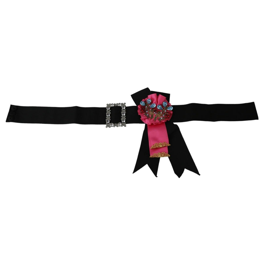 Dolce & Gabbana Black Pink Flower Brooch Crystals Cotton Belt