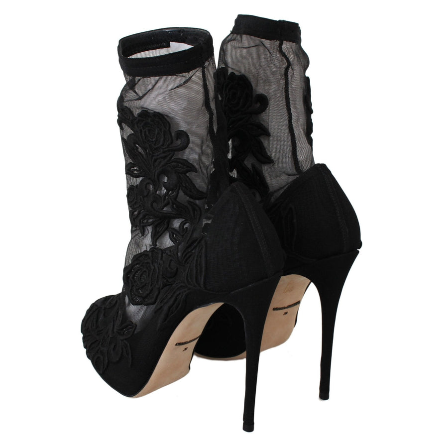 Dolce & Gabbana Black Roses Stilettos Booties Socks Shoes - Paris Deluxe