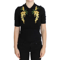 Dolce & Gabbana Black Silk Floral Embroidered Polo Top - Paris Deluxe