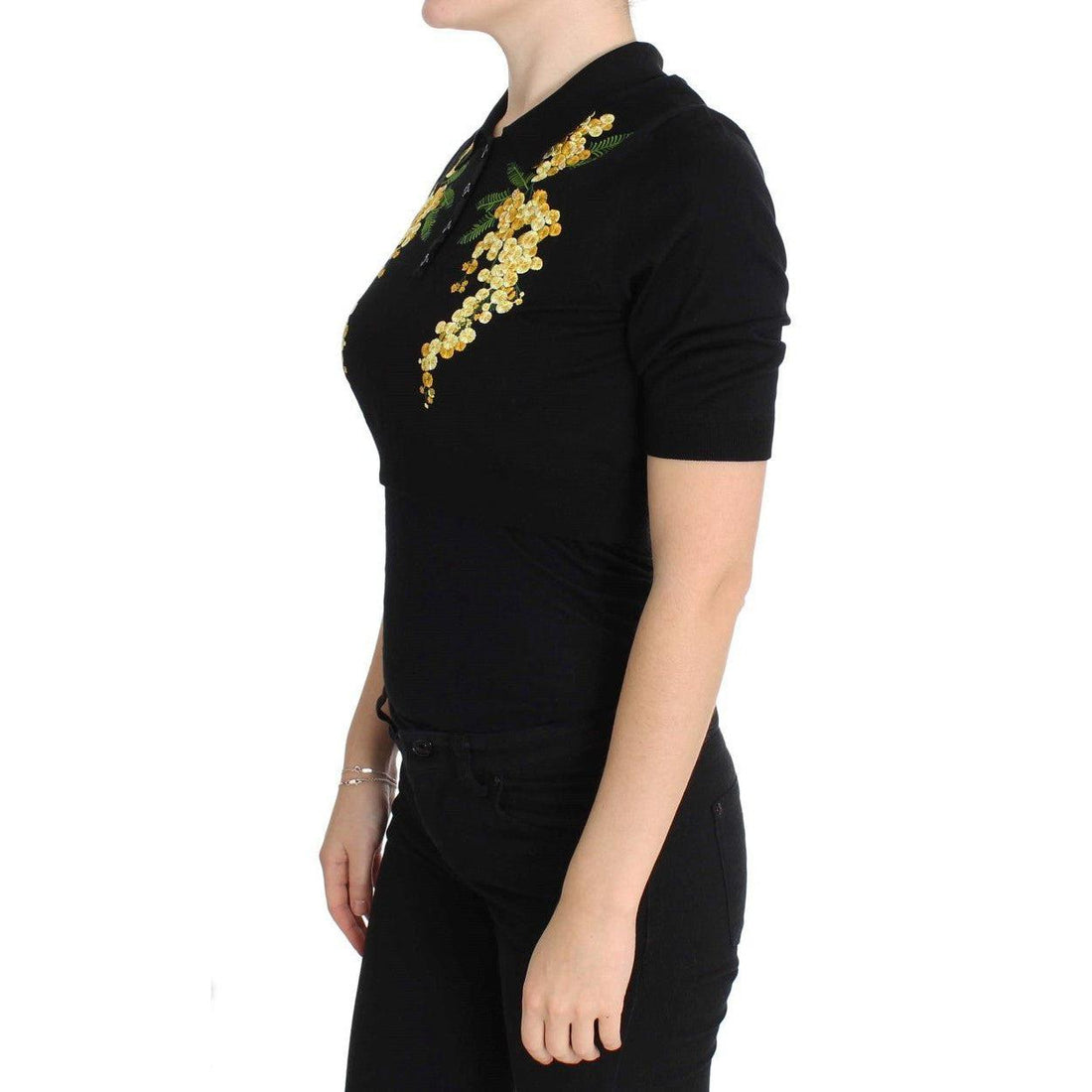 Dolce & Gabbana Black Silk Floral Embroidered Polo Top - Paris Deluxe