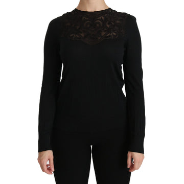 Dolce & Gabbana Black Silk Lace Crew Neck Long Sleeve Blouse - Paris Deluxe