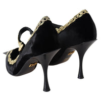 Dolce & Gabbana Black Velvet Gold Mary Janes Pumps - Paris Deluxe