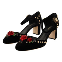 Dolce & Gabbana Black Velvet Roses Ankle Strap Pumps Shoes - Paris Deluxe