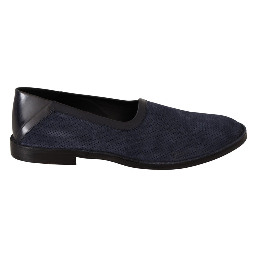 Dolce & Gabbana Blue Leather Perforated Slip On Loafers Shoes - Paris Deluxe