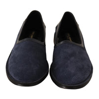 Dolce & Gabbana Blue Leather Perforated Slip On Loafers Shoes - Paris Deluxe