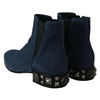 Dolce & Gabbana Chic Blue Suede Mid-Calf Boots with Stud Details