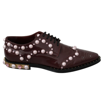 Dolce & Gabbana Bordeaux Leather Crystal Pearls Formal Shoes - Paris Deluxe