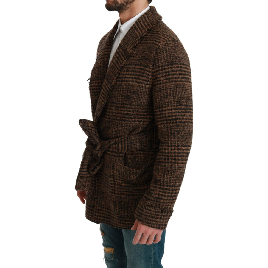 Dolce & Gabbana Brown Checkered Wool Robe Coat Wrap Jacket - Paris Deluxe