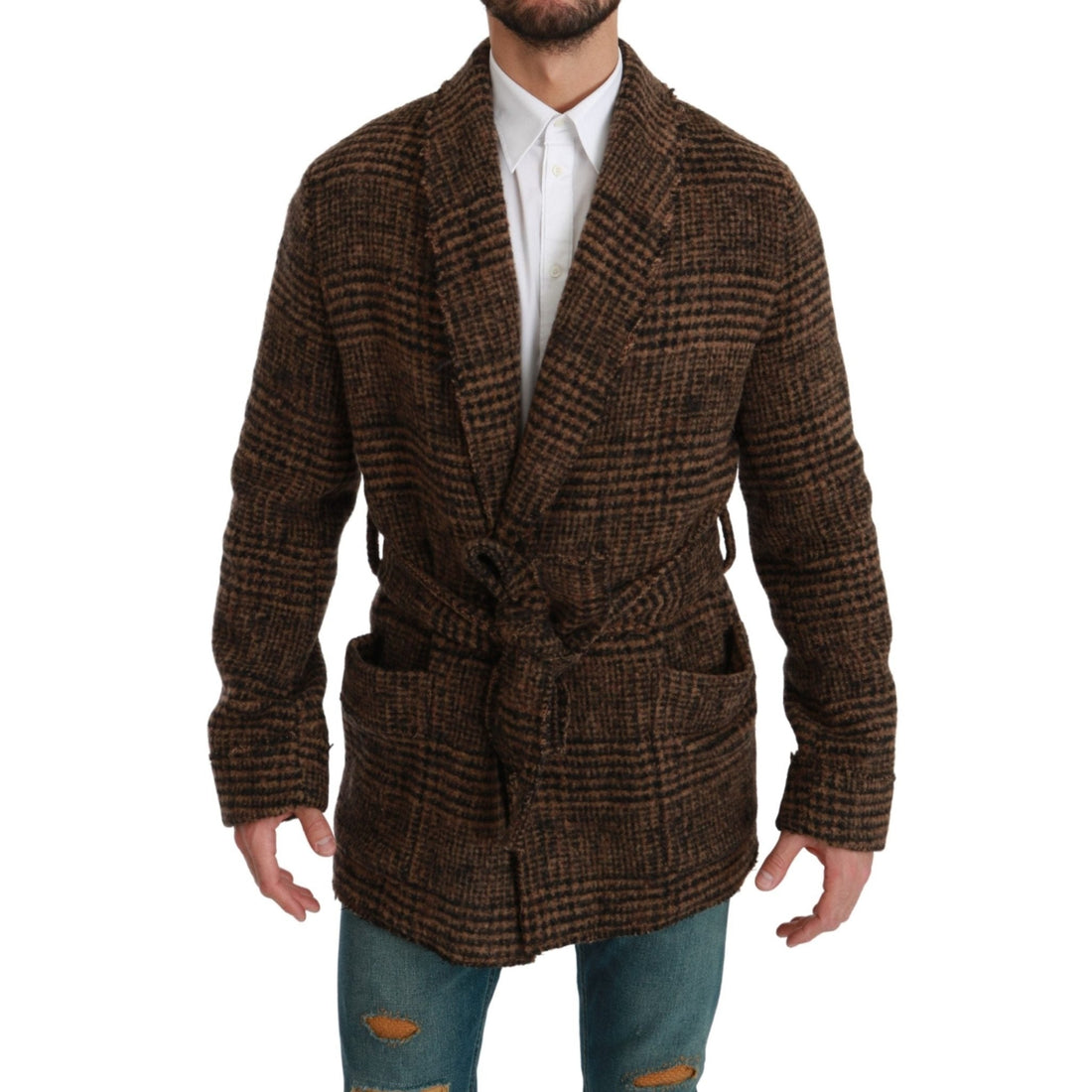 Dolce & Gabbana Brown Checkered Wool Robe Coat Wrap Jacket - Paris Deluxe