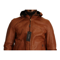 Dolce & Gabbana Brown Leather Lambskin Hooded Coat Jacket - Paris Deluxe