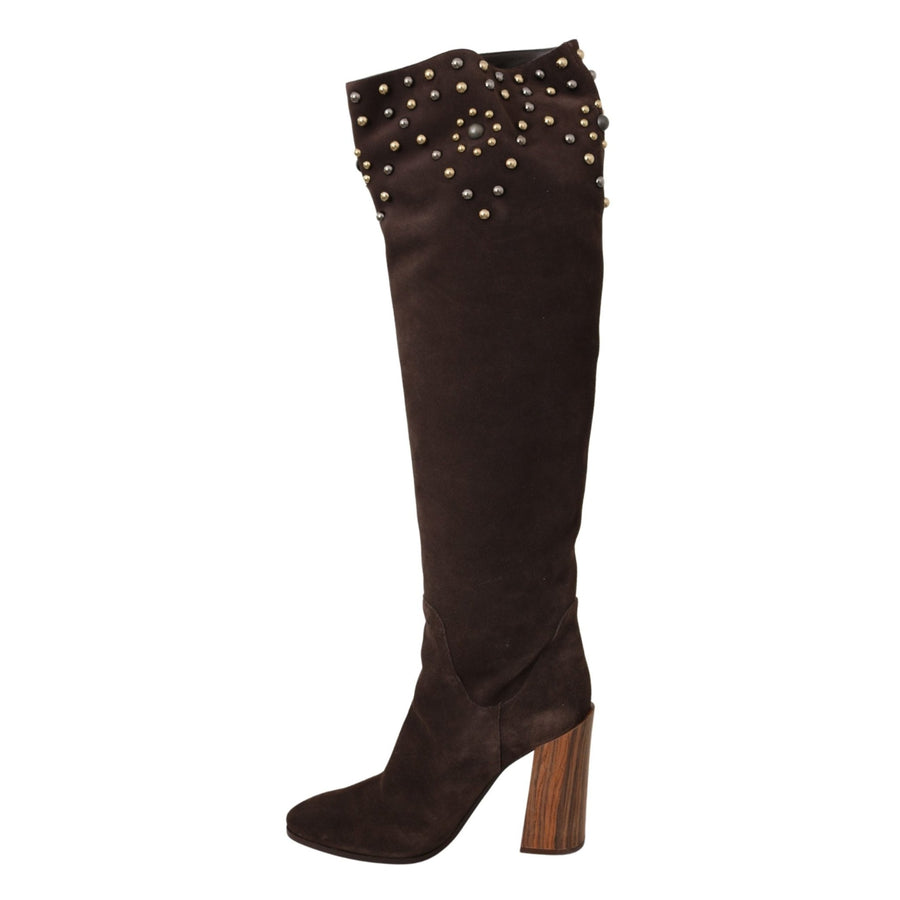 Dolce & Gabbana Brown Suede Studded Knee High Shoes Boots - Paris Deluxe