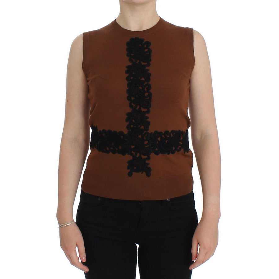 Dolce & Gabbana Brown Wool Black Lace Vest Sweater Top - Paris Deluxe