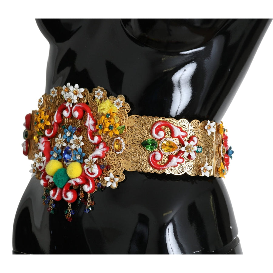 Dolce & Gabbana Embellished Floral Crystal Wide Waist Golden Belt - Paris Deluxe