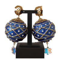 Dolce & Gabbana Gold Brass Blue Christmas Ball Crystal Clip On Earrings - Paris Deluxe