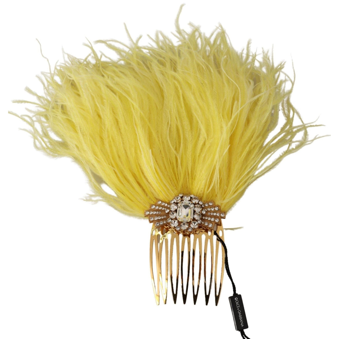 Dolce & Gabbana Crystal Gold Hair Comb with Yellow Ostrich Feather
