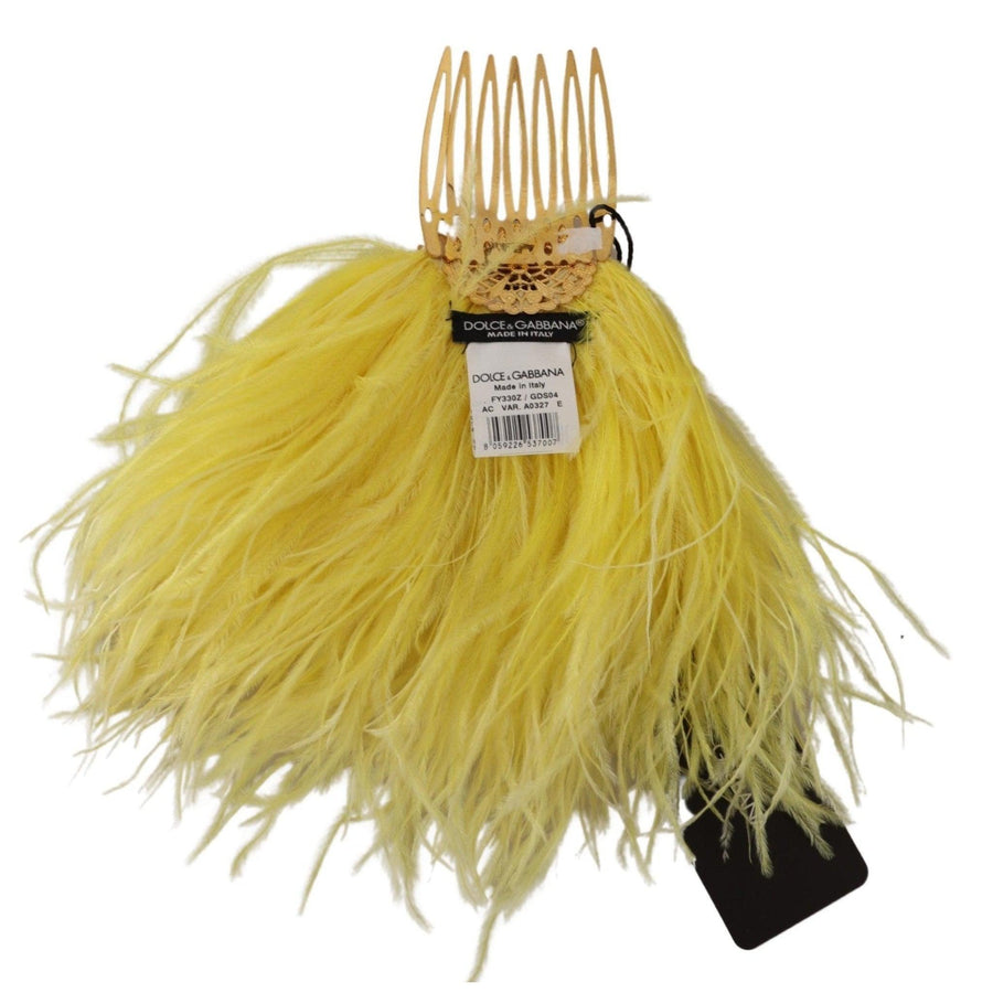 Dolce & Gabbana Crystal Gold Hair Comb with Yellow Ostrich Feather