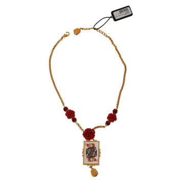 Dolce & Gabbana Gold Brass Flower Card Deck Crystal Pendant Necklace