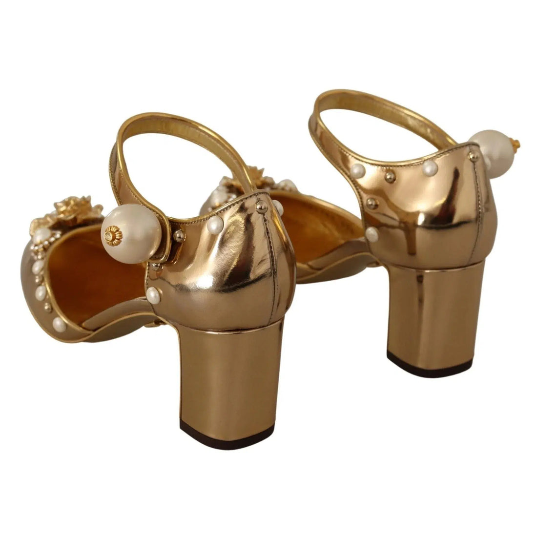 Dolce & Gabbana Elegant Gold Leather Block Heels with Crystals
