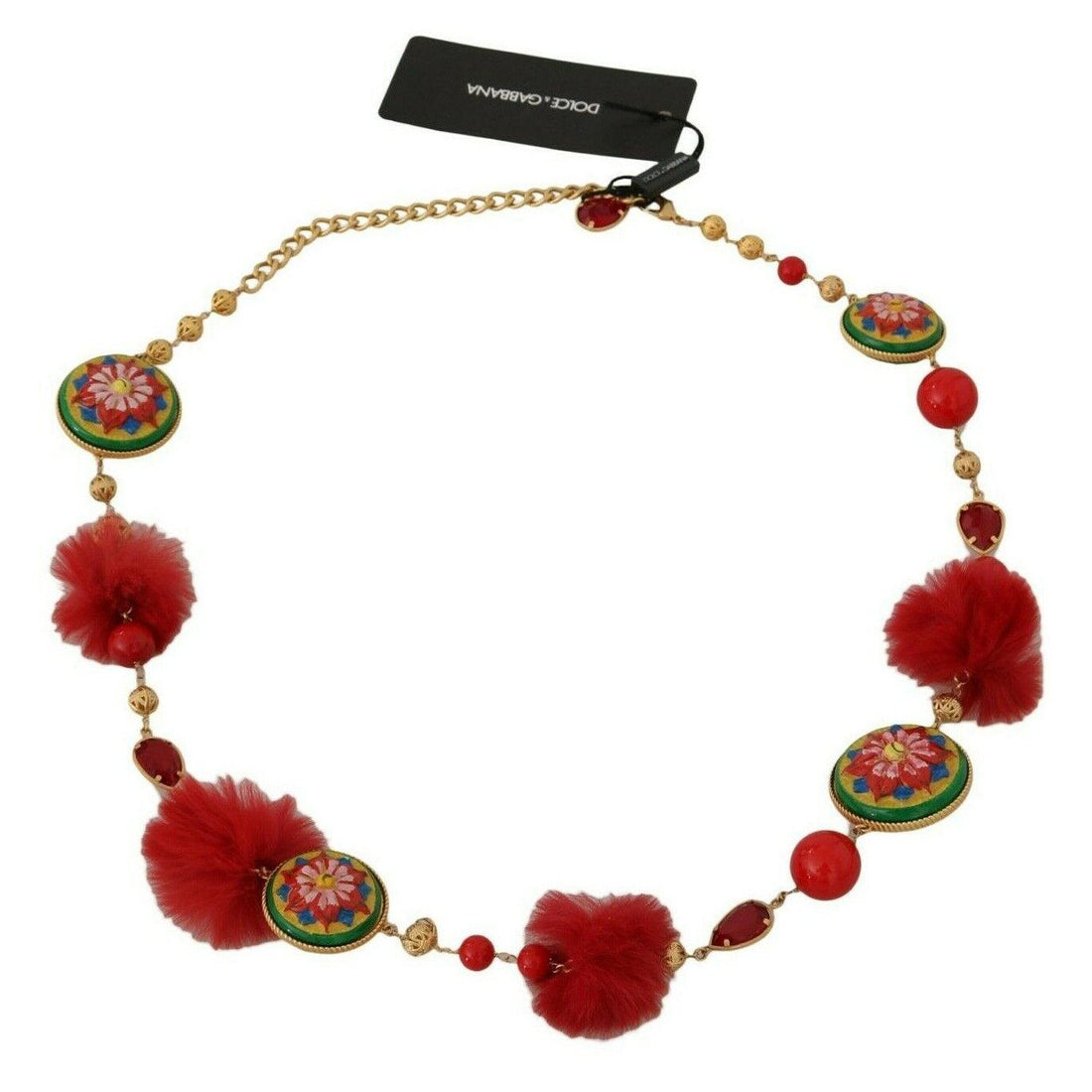 Dolce & Gabbana Gold  Red Fur Crystal Waist Gold Belt
