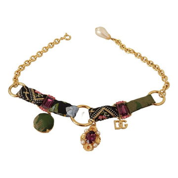 Dolce & Gabbana Gold Tone Brass Fabric Crystals Women Jewelry Necklace