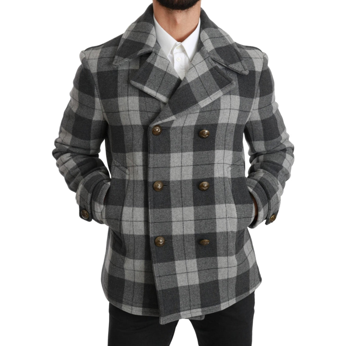 Dolce & Gabbana Elegant Gray Check Double Breasted Coat