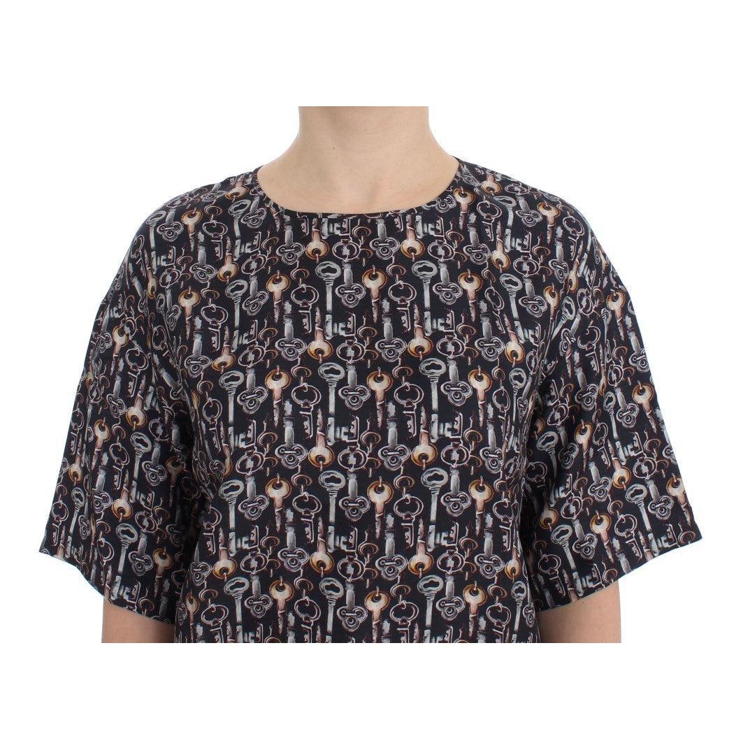 Dolce & Gabbana Gray Gold Key Print Silk Blouse T-shirt - Paris Deluxe