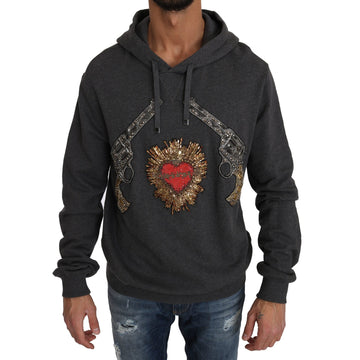 Dolce & Gabbana Gray Hooded Red Crystal Heart Gun Sweater - Paris Deluxe