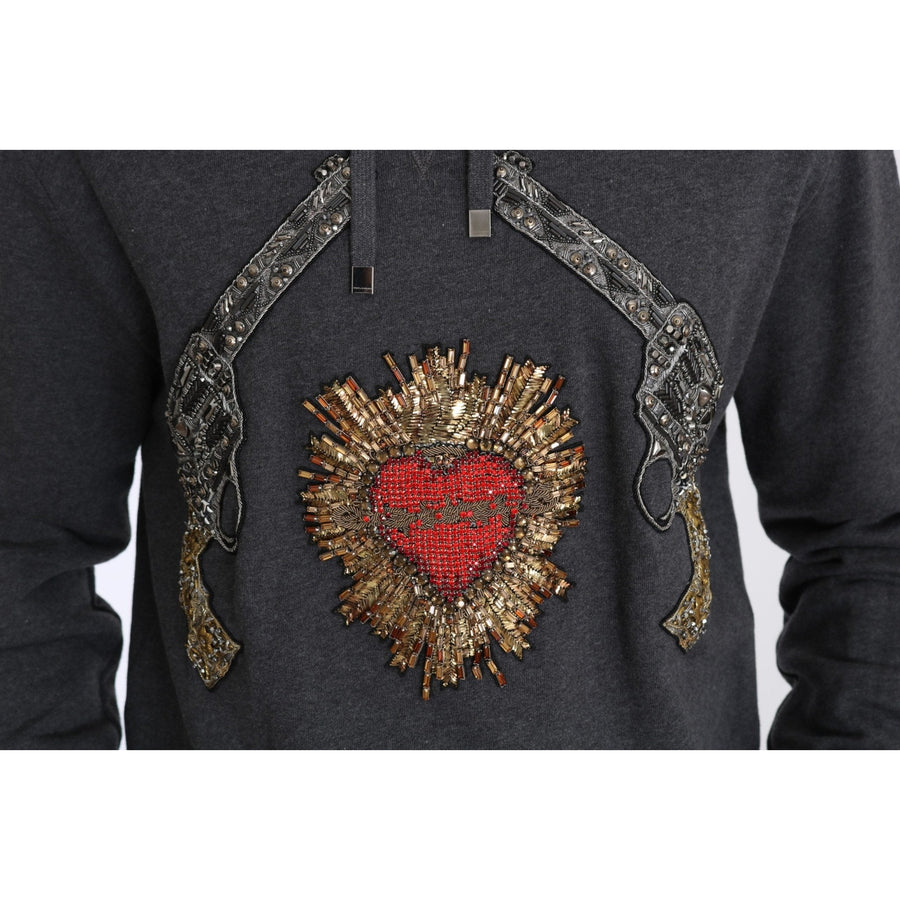 Dolce & Gabbana Gray Hooded Red Crystal Heart Gun Sweater - Paris Deluxe