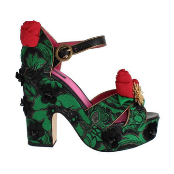Dolce & Gabbana Green Brocade Snakeskin Roses Crystal Shoes - Paris Deluxe
