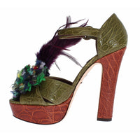 Dolce & Gabbana Green Leather Crystal Platform Sandal Shoes - Paris Deluxe