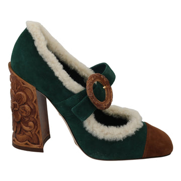 Dolce & Gabbana Green Suede Fur Shearling Mary Jane Shoes - Paris Deluxe