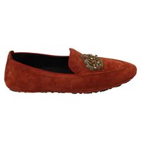 Dolce & Gabbana Orange Leather Moccasins Crystal Crown Slippers Shoes - Paris Deluxe