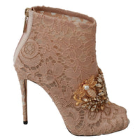 Dolce & Gabbana Pink Crystal Lace Booties Stilettos Shoes - Paris Deluxe