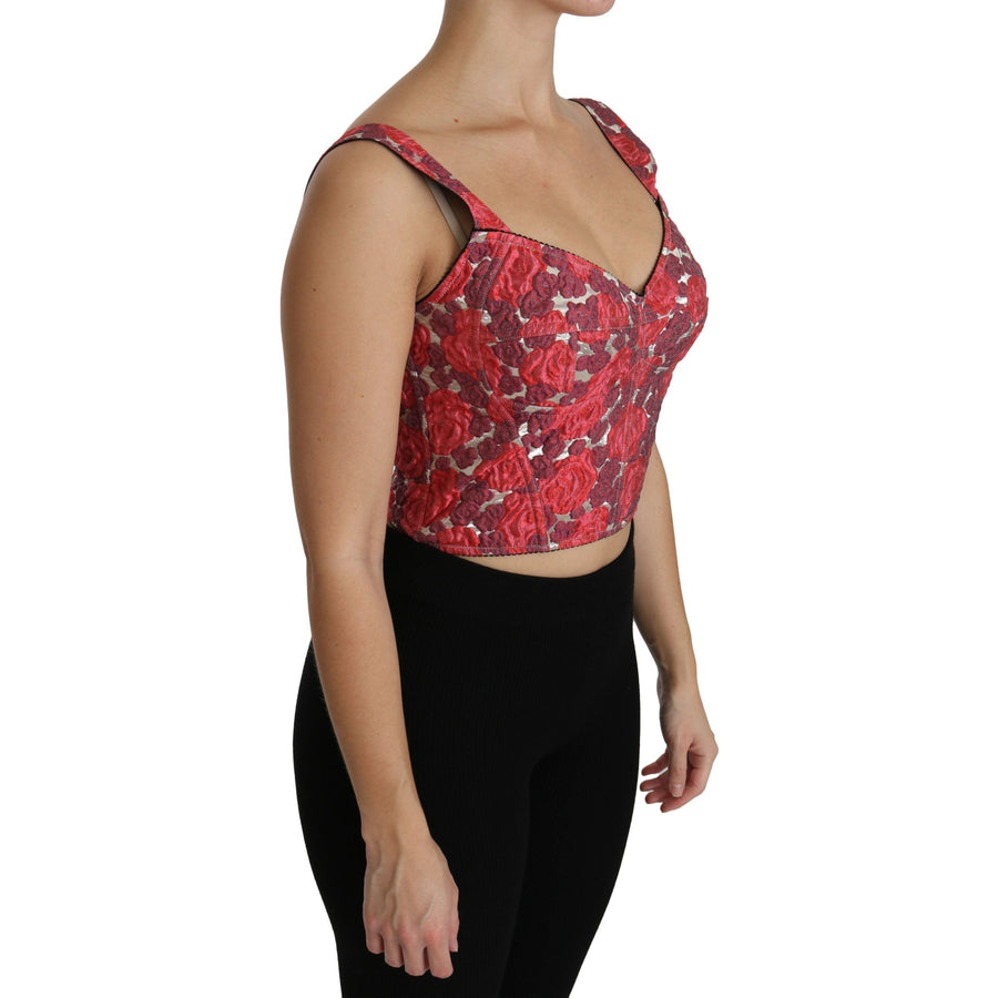 Dolce & Gabbana Pink Floral Brocade Cropped Blouse Tank Top
