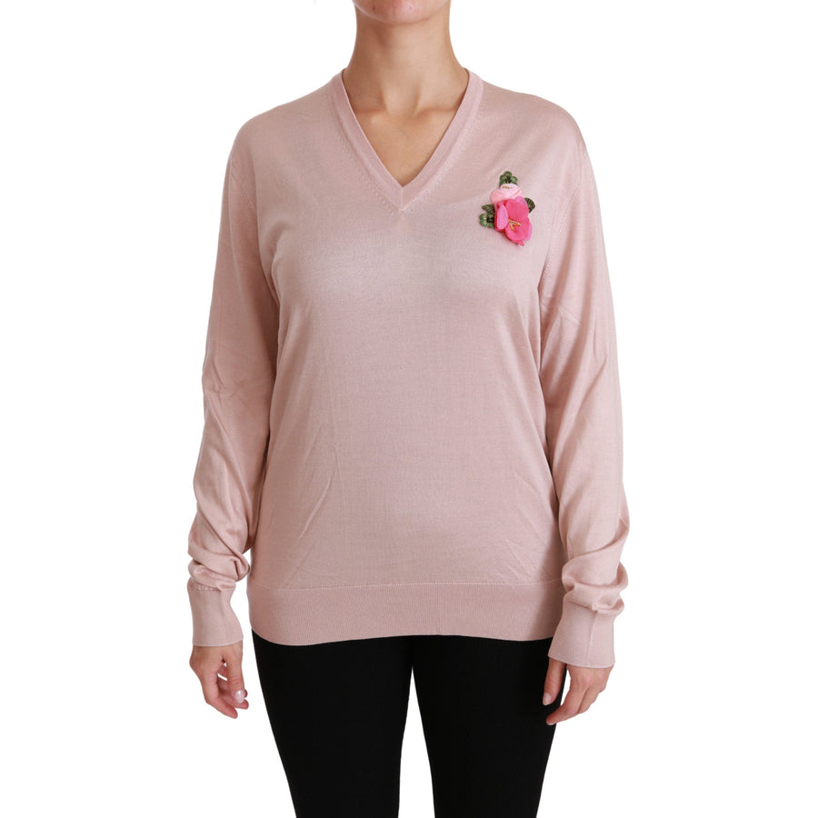 Dolce & Gabbana Pink Floral Embellished Pullover Silk Sweater - Paris Deluxe