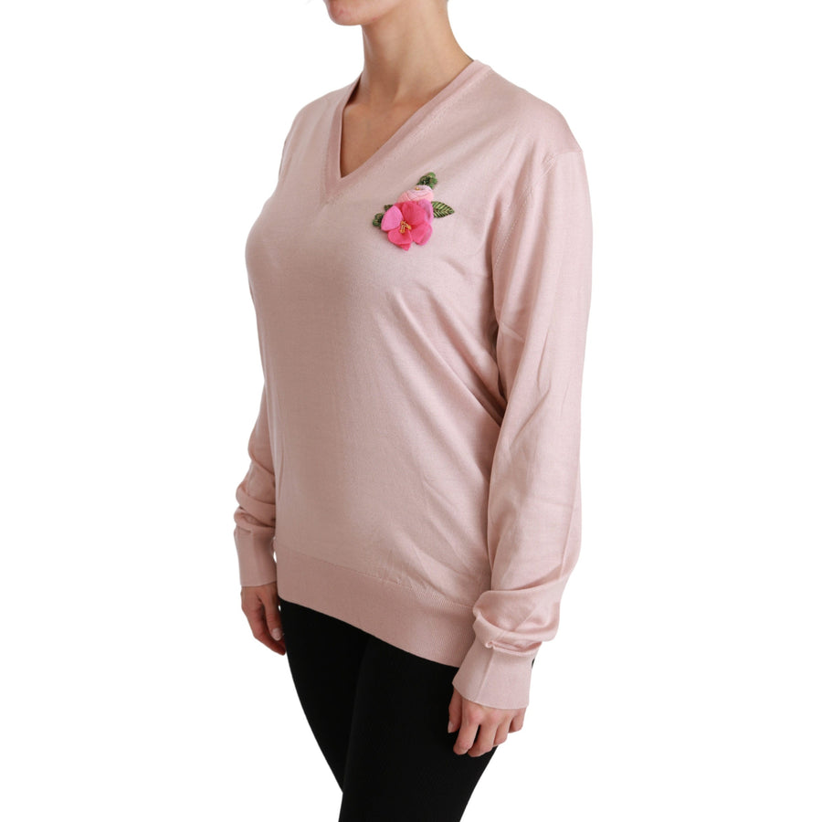 Dolce & Gabbana Pink Floral Embellished Pullover Silk Sweater - Paris Deluxe