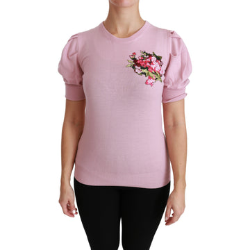 Dolce & Gabbana Pink Floral Embroidered Blouse Wool Top - Paris Deluxe